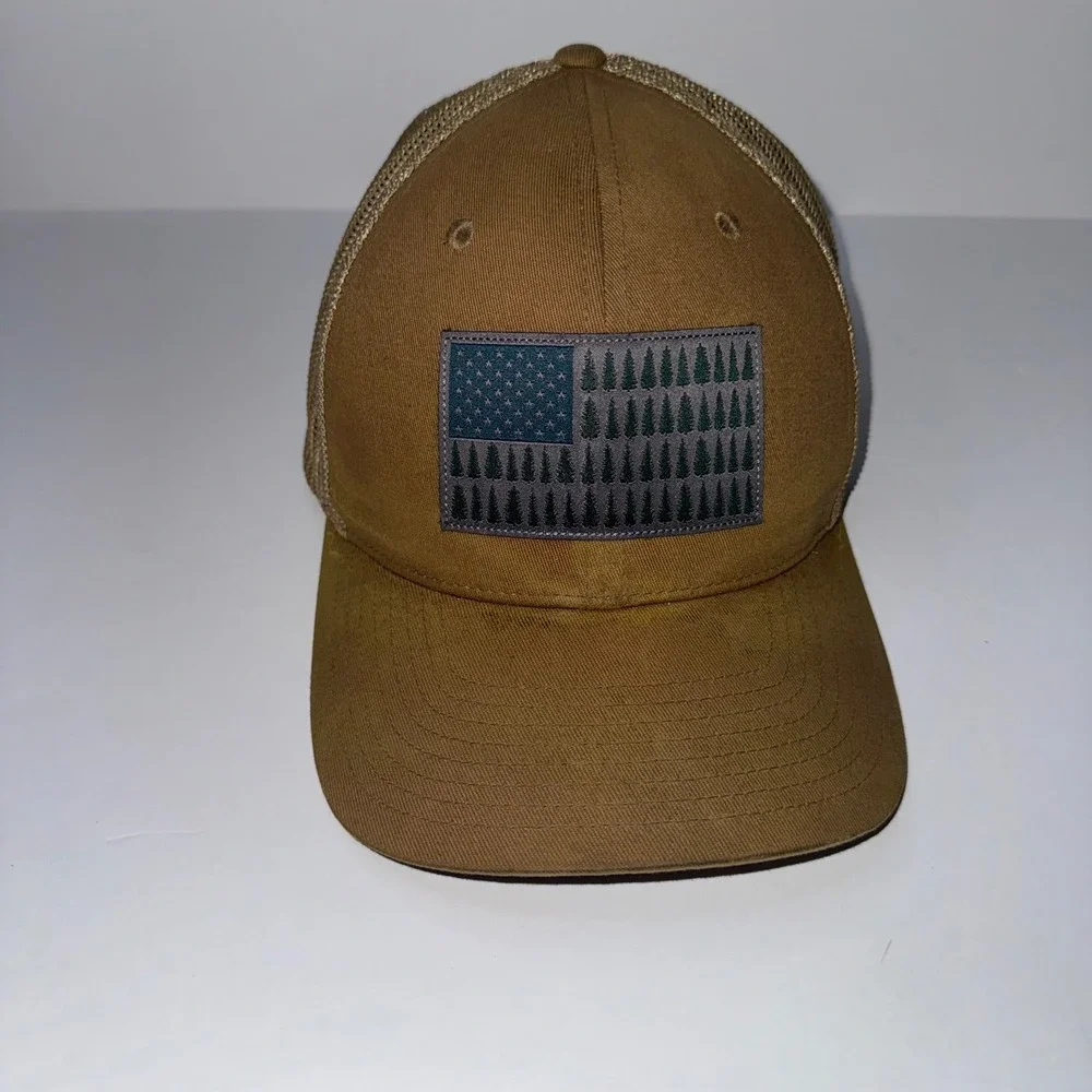 Mens OS Columbia Trucker Hat Brown Good Tree Flag Patch Flexfit Mesh Cap